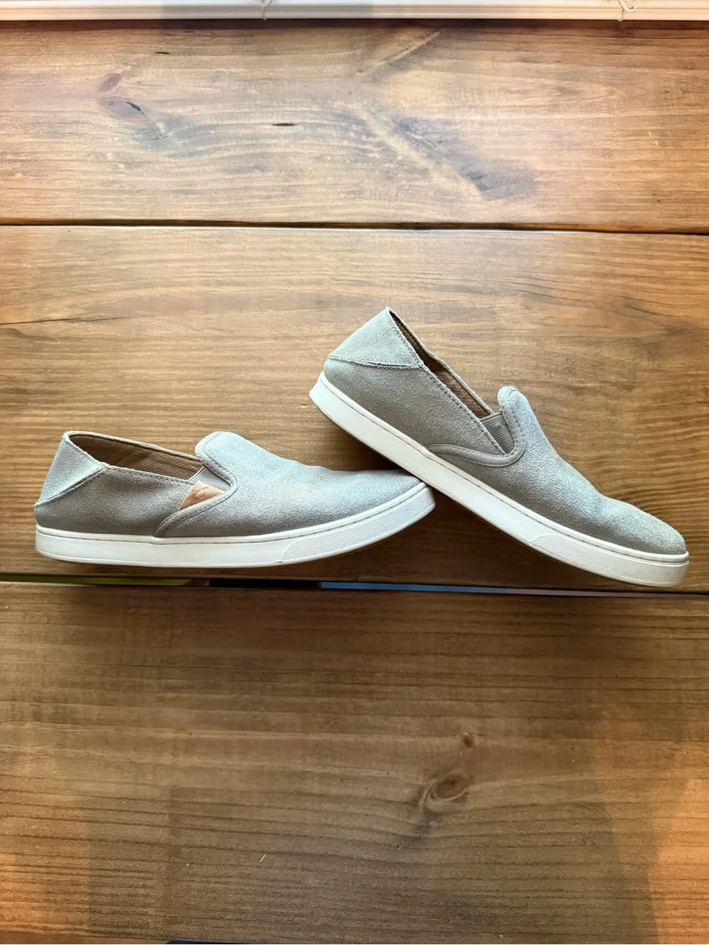 OluKai Men's Slip-On Suede Loafers in Light Gray-Taupe